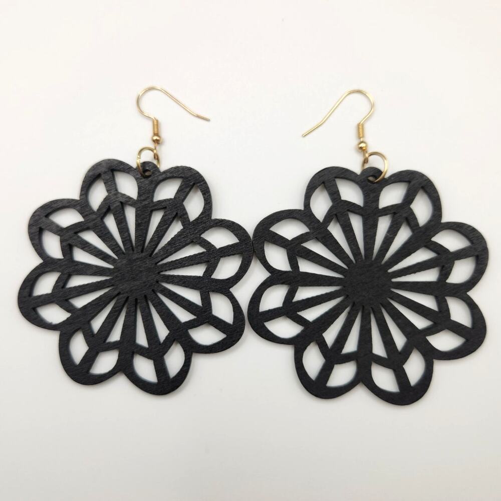 Large Flower Shaped Pierced Earrings Black Lightweight Wood Boho Hippie